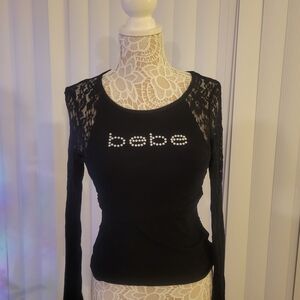 Bebe Black Long Sleeve Top with Lace Accents